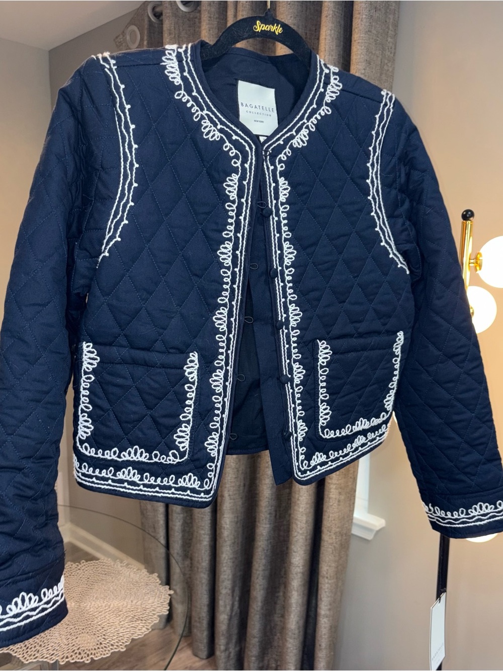 bagatelle Navy Quilted Bomber Jacket with White Trim